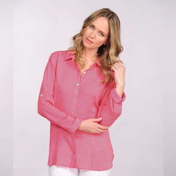 NWT Tina Stephens Joni Blouse Top Triangle Coral M Button Down Roll Tab Sleeve - Picture 3 of 14